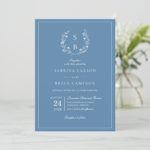 Invitation Monogramme botanique couronne Mariage bleu royal