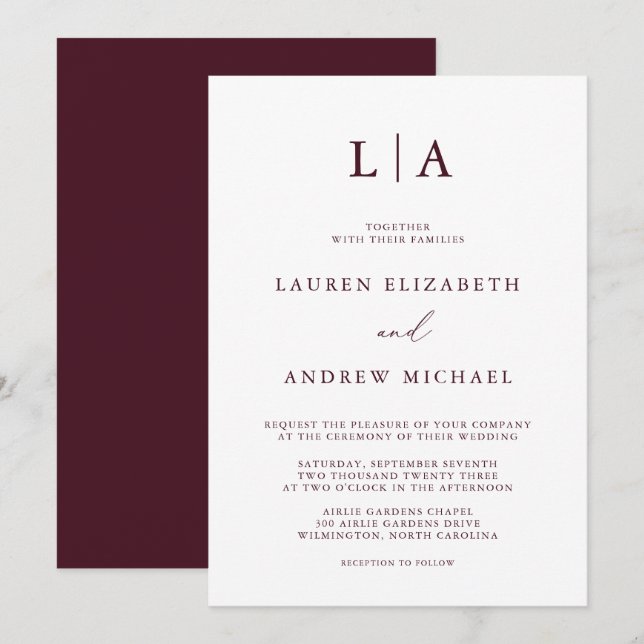 Invitation Monogramme Bourgogne Simple minimaliste Mariage (Devant / Derrière)