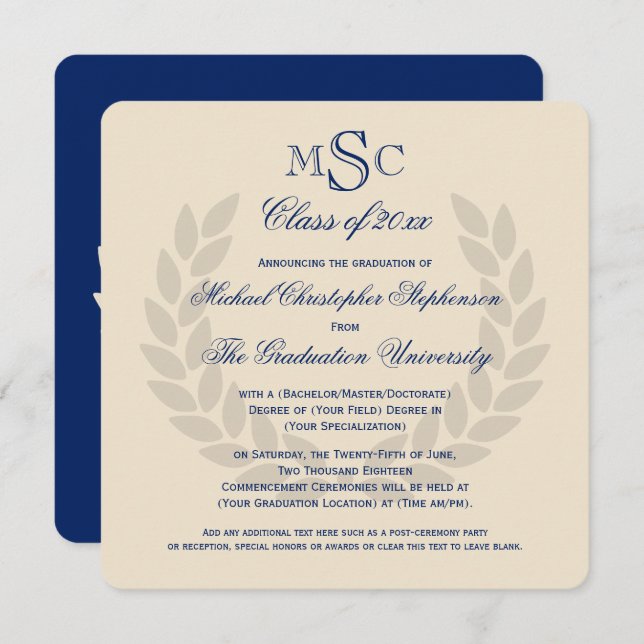 Invitation Monogramme Carré Classic Blue College Graduation E (Devant / Derrière)