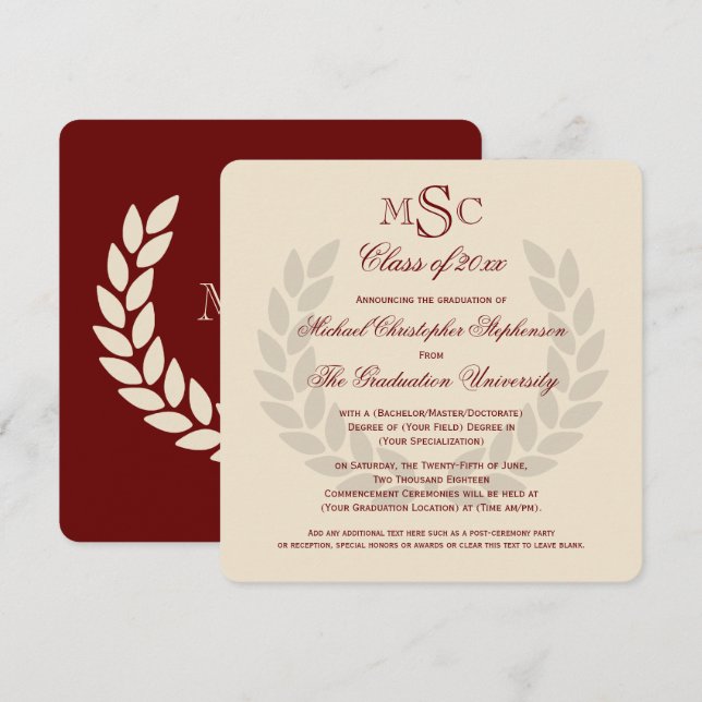 Invitation Monogramme Carré Classic Maroon College (Devant / Derrière)