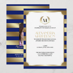 Invitation Monogramme CHANGER COULEUR & Gold Stripes Graduati