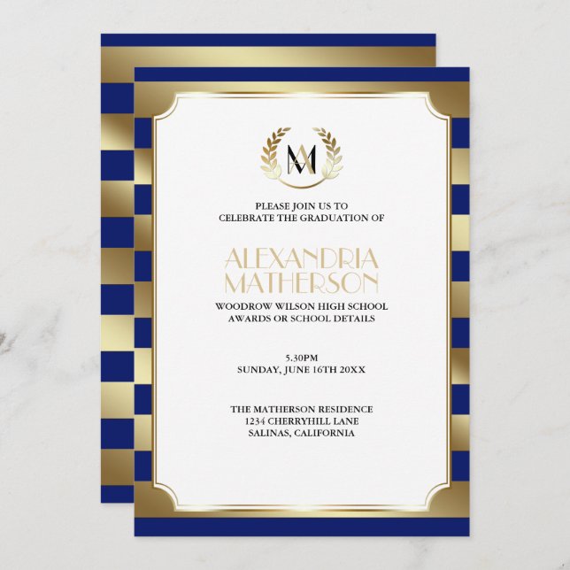 Invitation Monogramme CHANGER COULEUR & Gold Stripes Graduati (Devant / Derrière)