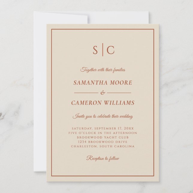 Invitation Monogramme Classique de Mariage Moderne en Terre C (Devant)