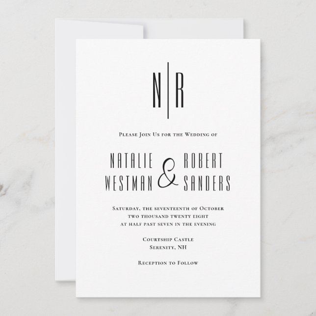 Invitation Monogramme classique Elégant noir blanc Mariage (Devant)