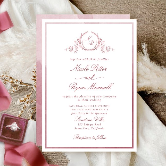 Invitation Monogramme classique Mariage d'aquarelle Bourgogne (Créateur téléchargé)