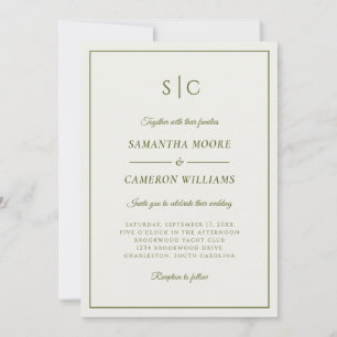 Invitation Monogramme classique Mariage moderne crème & vert