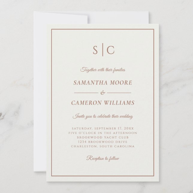 Invitation Monogramme classique Mariage moderne et crème Brow (Devant)