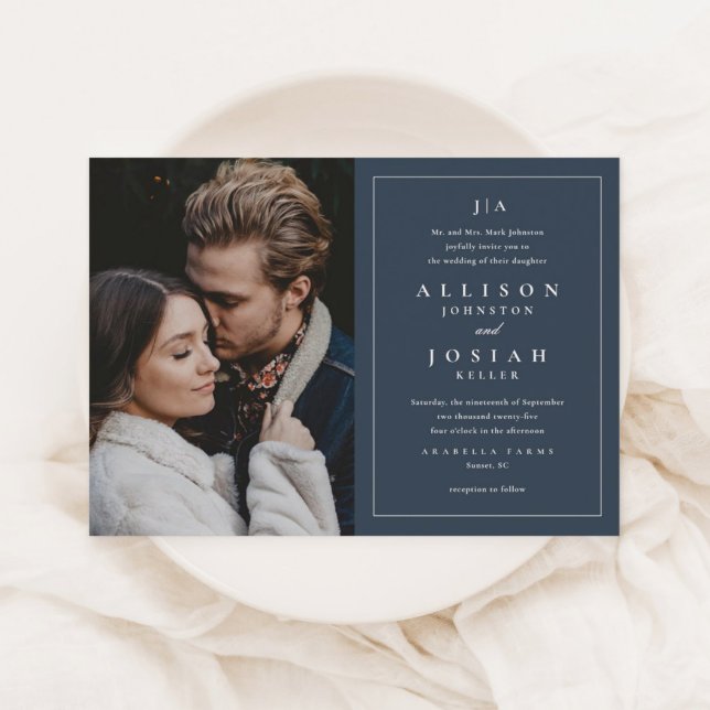 Invitation Monogramme classique Mariage photo élégant (An elegant navy blue photo wedding invitation with classic white typography and minimal frame.)