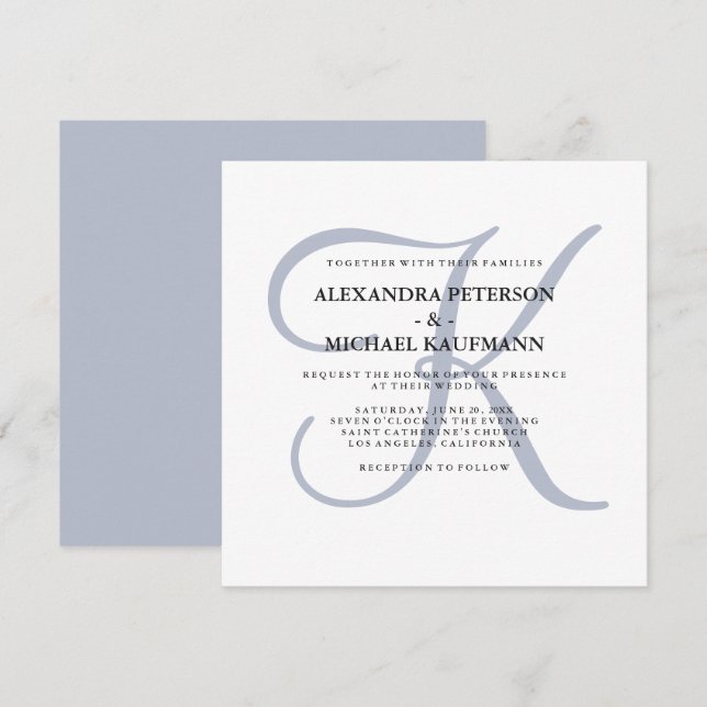Invitation Monogramme classique moderne | Dusty Blue Mariage (Devant / Derrière)