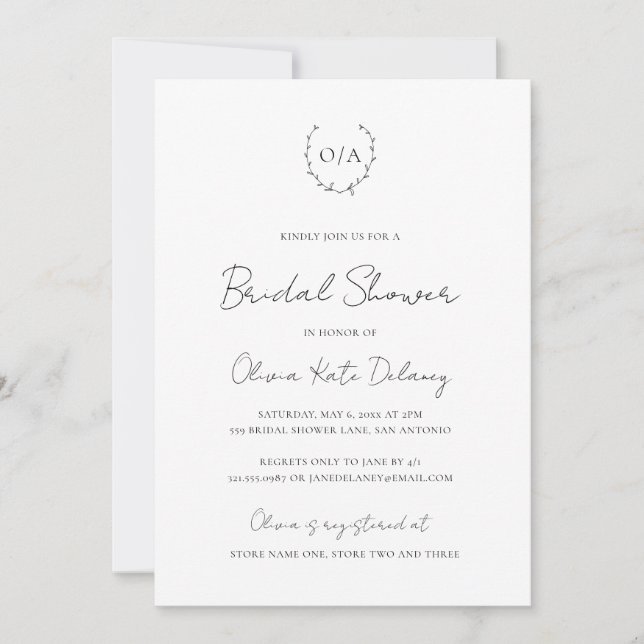 Invitation Monogramme classique noir blanc Fête des mariées é (Devant)
