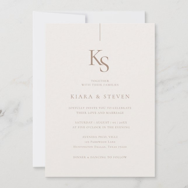 Invitation Monogramme classique simple | Mariage beige de Boh (Devant)