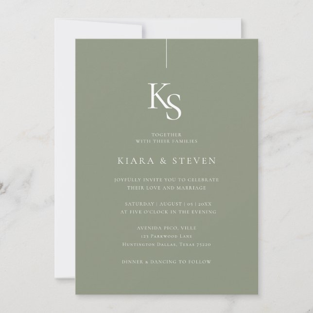 Invitation Monogramme classique simple | Mariage vert Sage (Devant)