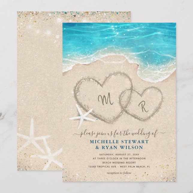 Invitation Monogramme Coeurs dans le mariage de la plage de s (Devant / Derrière)