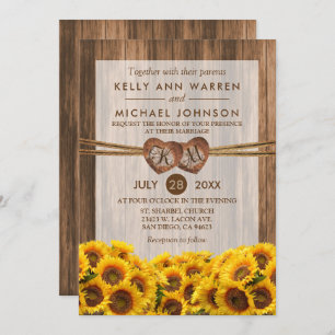 Invitation Monogramme Coeurs en bois avec des tournesols de c