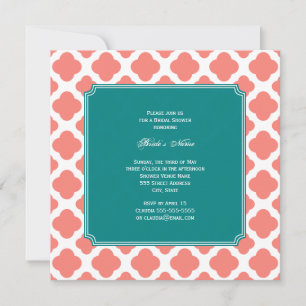 Invitation Monogramme Coral rose Quatrefoil Motif avec Turquo