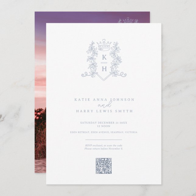 Invitation Monogramme couronne blanc argent mariage QR code (Devant / Derrière)