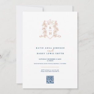 Invitation Monogramme couronne blanche rose or QR mariage