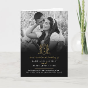 Invitation Monogramme couronne d'or noir option repas mariage