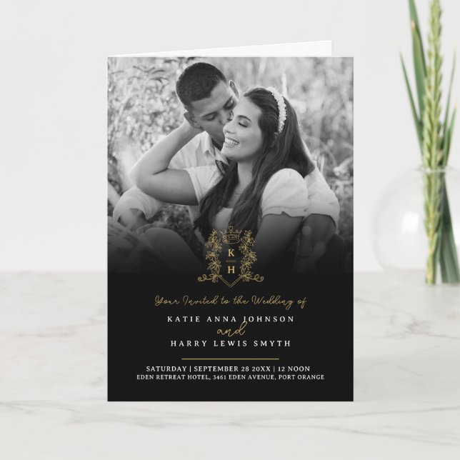 Invitation Monogramme couronne d'or noir option repas mariage (Devant)