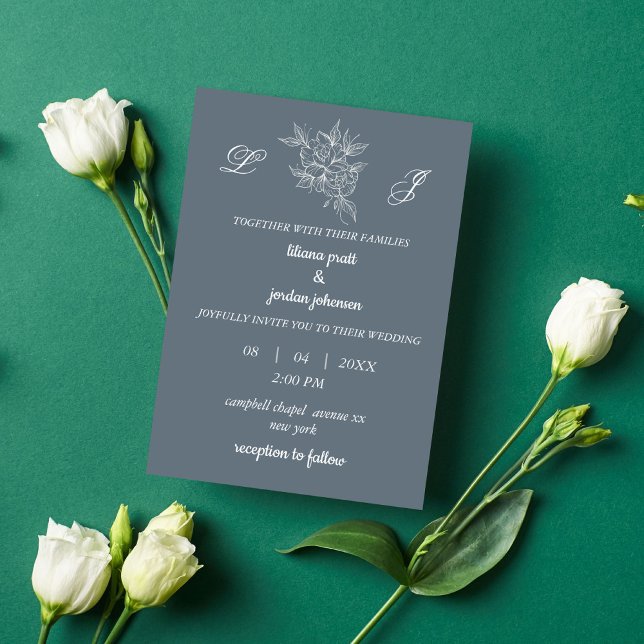 Invitation monogramme couronne élégant MARIAGE bleu Dusty (Créateur téléchargé)