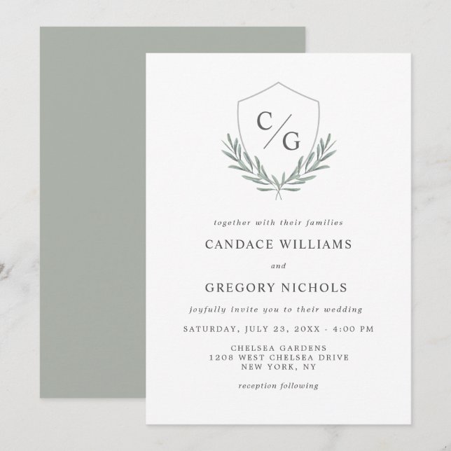 Invitation Monogramme Crest avec branches d'olivier Mariage (Devant / Derrière)