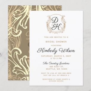 Invitation Monogramme Crest Fête des mariées noire et or
