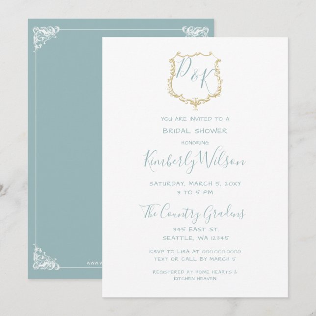 Invitation Monogramme Crest Gold Dusty Fête des mariées bleue (Devant / Derrière)