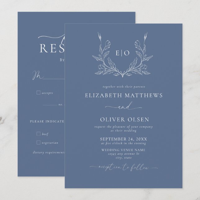Invitation Monogramme Crest | Mariage minimaliste moderne (Devant / Derrière)