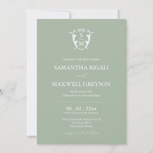 Invitation Monogramme Crest Personnalisable Sage Green Mariag (Devant)