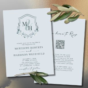 Invitation Monogramme Crest QR Code RSVP Dusty Mariage bleu