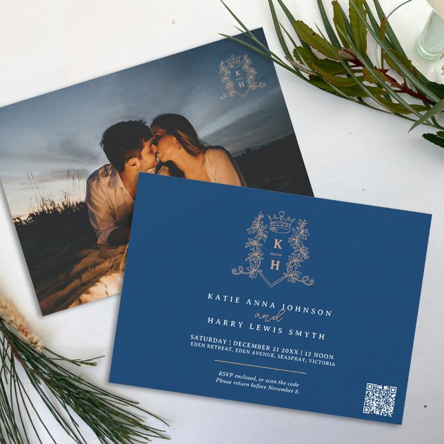 Invitation Monogramme crête couronne bleu rose or mariage (Créateur téléchargé)