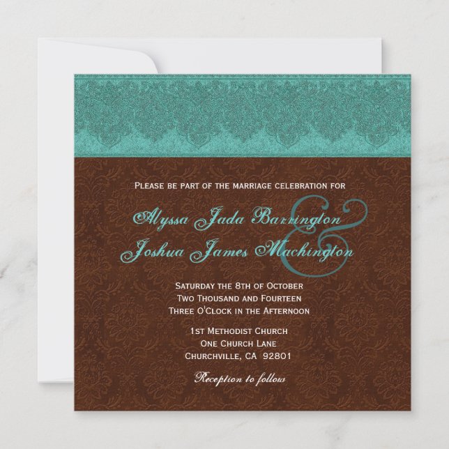Invitation Monogramme Damas Turquoise et chocolat Mariage V15 (Devant)