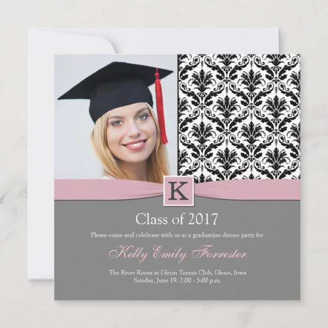 Invitation Monogramme Damask black white Graduation Party (Devant)