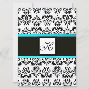 Invitation MONOGRAMME DAMASK, noir et blanc, bleu turquoise