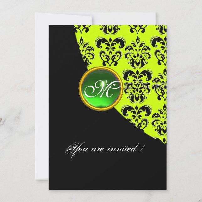 Invitation MONOGRAMME DAMASSÉ NOIR ET JAUNE, vert émeraude (Devant)