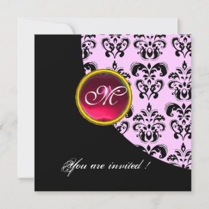 Invitation MONOGRAMME DAMASSÉ NOIR ET ROSE,rouge rubis,