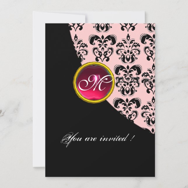 Invitation MONOGRAMME DAMASSÉ NOIR ET ROSE, rubis rouge (Devant)