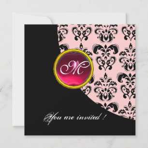 Invitation MONOGRAMME DAMASSÉ NOIR ET ROSE, rubis rouge,