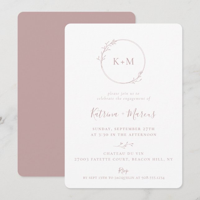 Invitation Monogramme d'art fin Dusty Rose (Devant / Derrière)