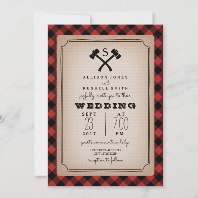 Invitation Monogramme de bûcheron Ax Buffalo Plaid Mariage (Devant)