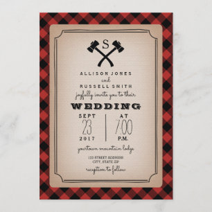 Invitation Monogramme de bûcheron Ax Buffalo Plaid Mariage