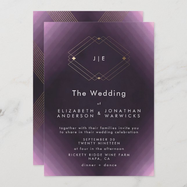 Invitation Monogramme de calligraphie violette classique Gold (Devant / Derrière)