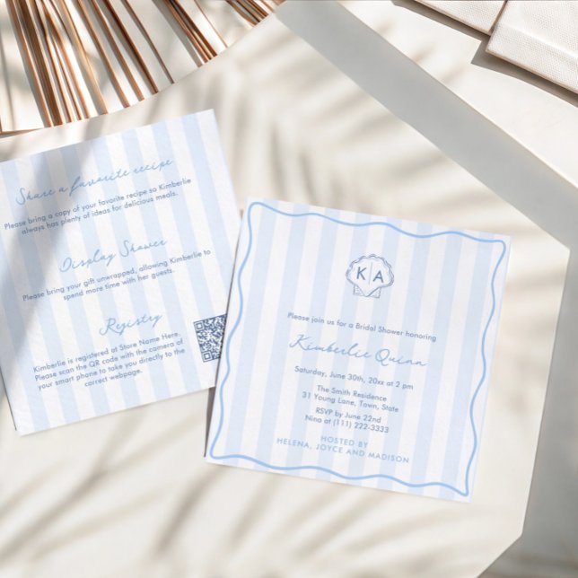 Invitation Monogramme de coquillage dessiné à la main Fête de (Modern hand-drawn seashell monogram double-sided coastal blue and white bridal shower invitation)