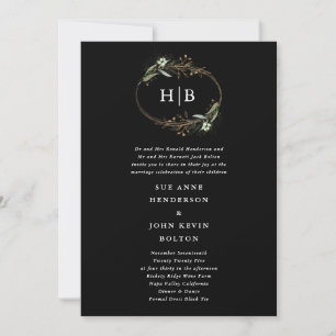 Invitation Monogramme de couronne d'eucalyptus noir d'or