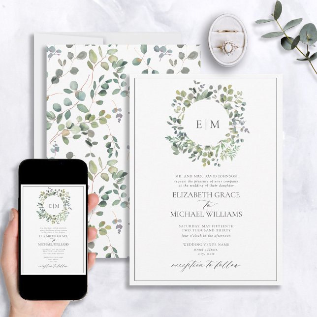 Invitation Monogramme de couronne d'eucalyptus vert de l'âge  (Créateur téléchargé)