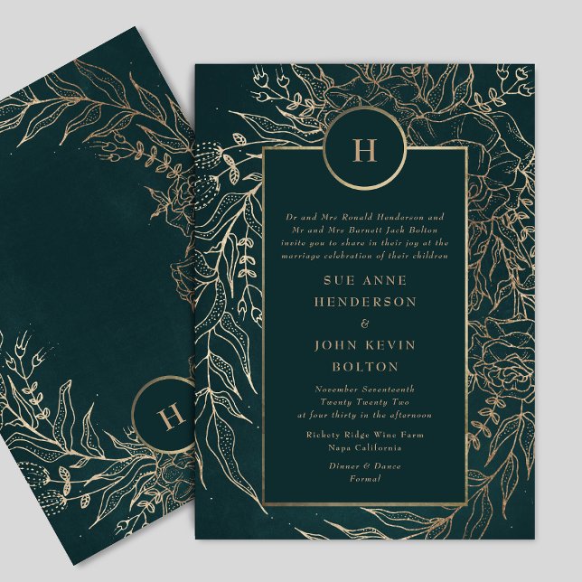 Invitation Monogramme de couronne d'or et d'émeraude vert (Créateur téléchargé)