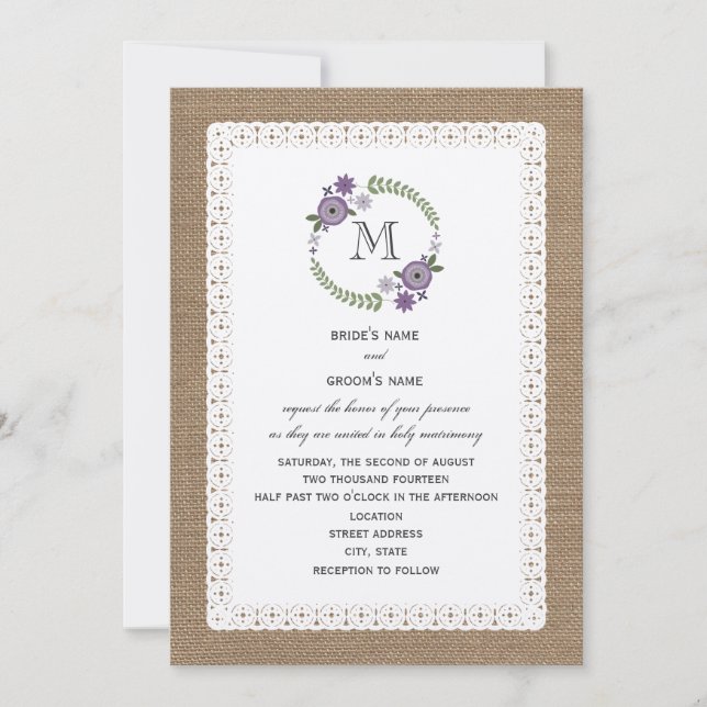 Invitation Monogramme de couronne violette inspirée par Burla (Devant)