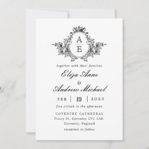 Invitation Monogramme de crête baroque Mariage noir et blanc