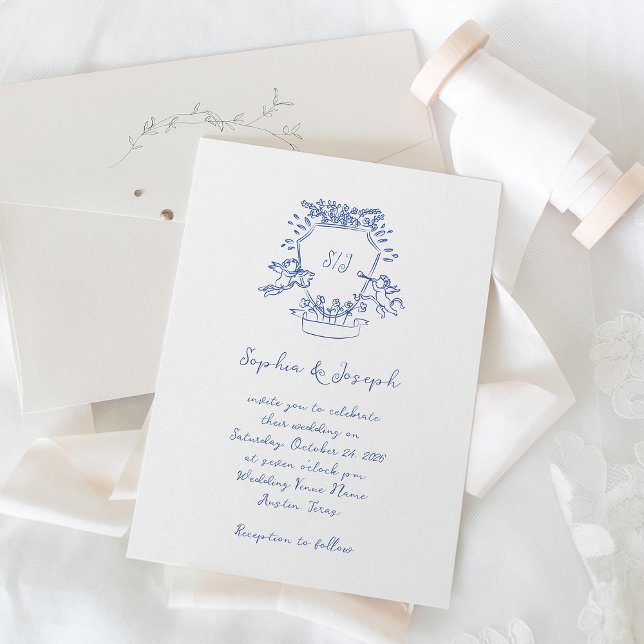 Invitation Monogramme de crête blanc | MARIAGE (Créateur téléchargé)