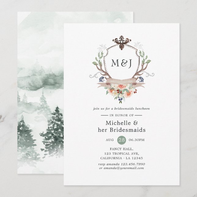 Invitation Monogramme de crête de bois sauvage, serveuses d'é (Devant / Derrière)